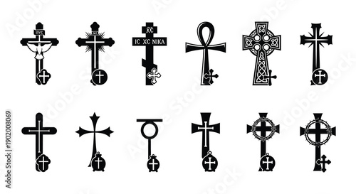 A collection of diverse religious crosses in black silhouette ideal for design work on transparent background high quality professional detailed modern