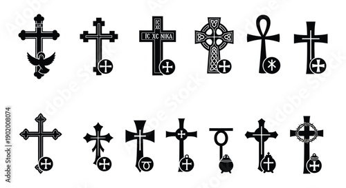 A collection of various religious christian crosses in black presented as silhouettes on transparent background high quality professional detailed modern elegant