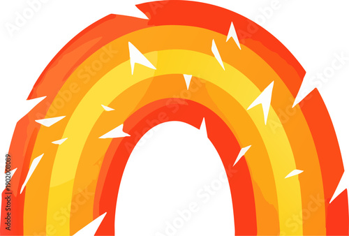 Abstract fiery rainbow arch shattering on a white background