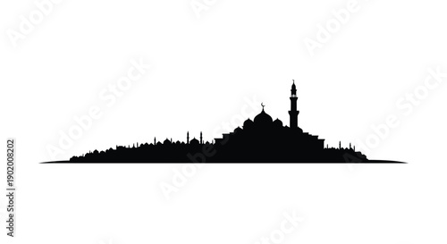 Silhouette of a city skyline with a church or mosque on a hill against a white background