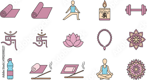 Yoga and Meditation Icon Vector Set with Mat Poses Lotus Candle Beads Mandala Fitness and Mindfulness Symbols