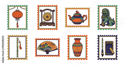 Flat Vector Traditional Asian Cultural Object Postage Stamp Collection for Travel Stationery and Scrapbooking