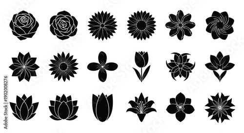A collection of fifteen black floral silhouettes including roses tulips and lilies ideal for design projects on transparent background high quality