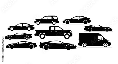 Collection of Black Car Silhouettes Isolated on White Background.