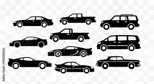 Collection of Black Car Silhouettes on Transparent Background.