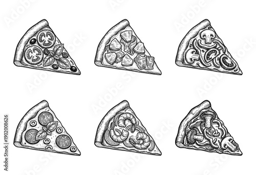 Set of six assorted pizza slices featuring various toppings rendered in a detailed vintage woodcut engraving style
