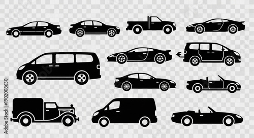 Collection of Black Car Silhouettes on Transparent Background.