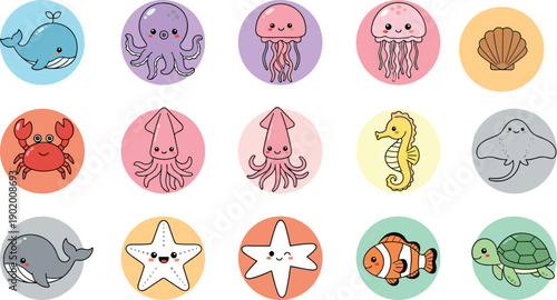 Cute sea creatures cartoon icon set – whale, octopus, jellyfish, crab, seahorse, starfish, clownfish, and turtle in playful vector ocean illustration