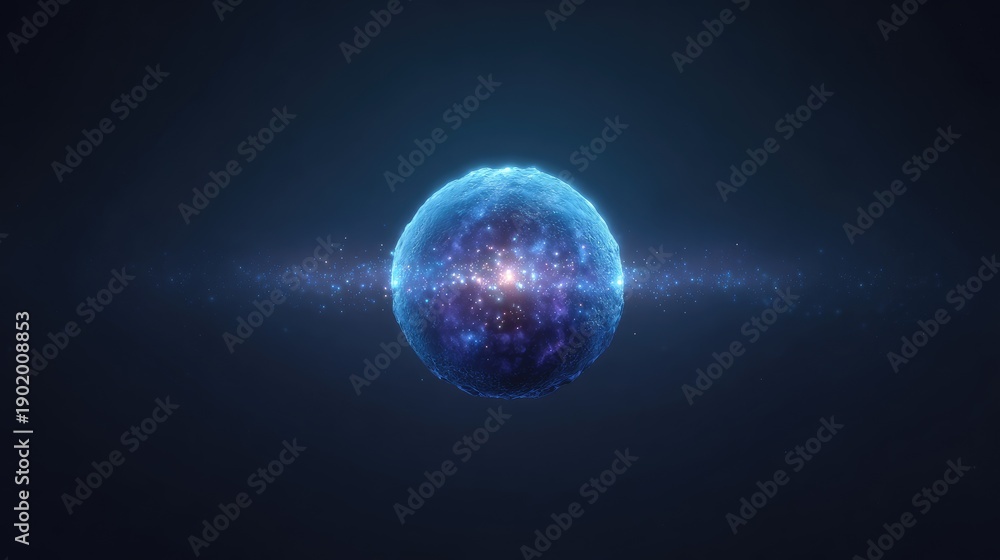 Obraz premium Abstract cosmic sphere with luminous particles and glowing effects, representing space, energy, and scientific phenomena in a dark background