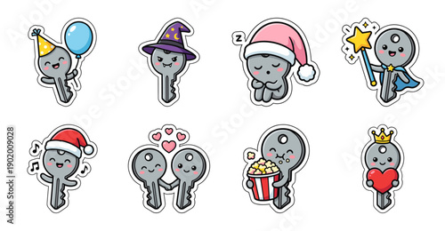 Cute Key Sticker Set with Kawaii Characters, Vector Illustration