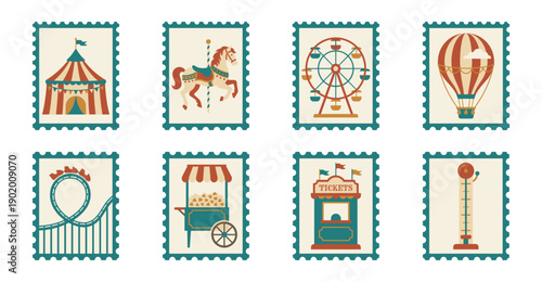 Vintage Carnival Amusement Park Postage Stamp Collection for Scrapbooking and Stationery Design