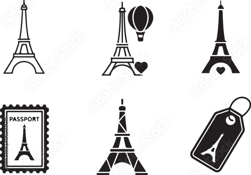 Iconic parisian symbols and travel-themed illustrations on a white background