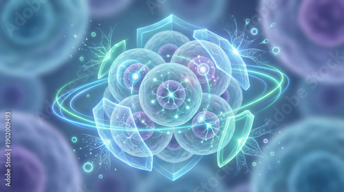 Atom molecule nucleus energy shield science technology futuristic glowing blue abstract digital protection biology chemistry physics particle orbit quantum structure transparent medical innovation