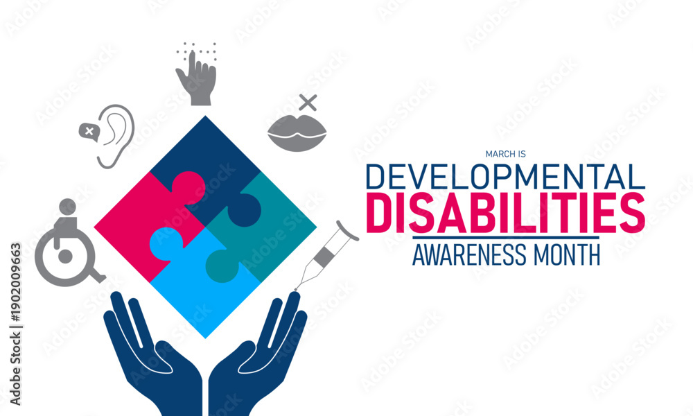 Obraz premium Developmental Disabilities Awareness Month Vector Puzzle Ribbon Inclusion Support Autism Cerebral Palsy Health March Banner Design Infographic Stock Graphic