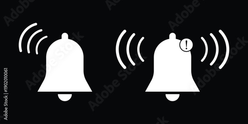 Alert Notification Bell Icons Set. Ringing Bell Notification Icons with Sound Waves Vector. Notification bell icons for alert and communication purposes. Wireless signal alert icons bell sensors 