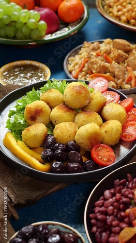 Falafel on Traditional Table for Ramadan Iftar, Halal Middle Eastern Cuisine
