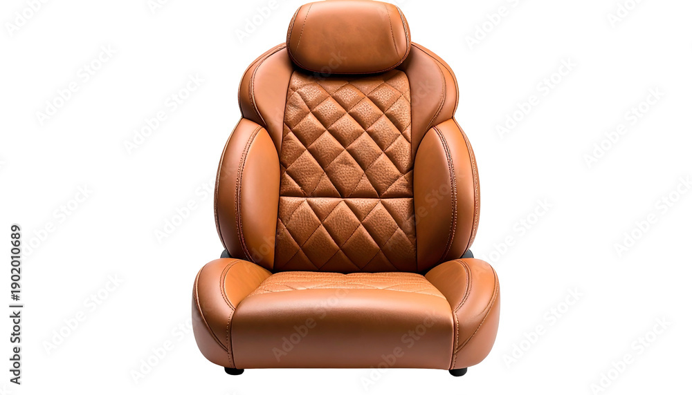 Fototapeta premium Isolated close-up of a brown, quilted, leather car seat against a black background