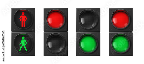 3D traffic lights set isolated on white. Vector realistic illustration of stop and go signals for pedestrians and transport, red and green semaphore lights, street safety equipment, warning stoplight
