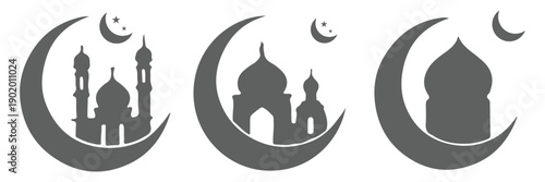 MobileRamadan Kareem Crescent Moon Mosque Silhouette Set. Islamic Ramadan Moon and Mosque Black Silhouette Icons. Eid Mubarak Crescent Moon Mosque Vector Silhouette Collection. Islamic mosque arch win