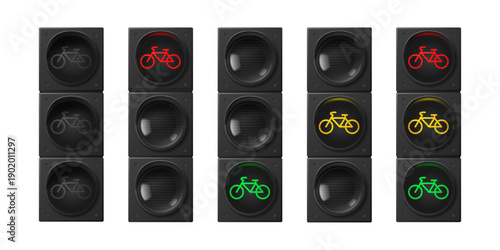 Bicycle traffic lights set isolated on white. Vector realistic illustration of road signs with red, yellow, green led bike icons for safe cycling, street safety equipment, urban warning stoplight