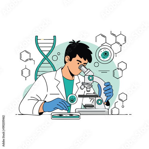 Scientist working in laboratory with microscope and DNA structure.