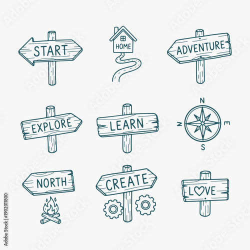 A collection Hand-drawn of wooden signs with arrows pointing in different directions.
