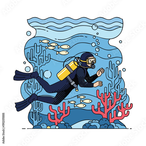 Scuba Diver Exploring Underwater World with Coral Reef.