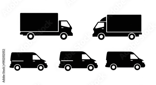 Collection of Black Silhouettes of Delivery Trucks and Vans.