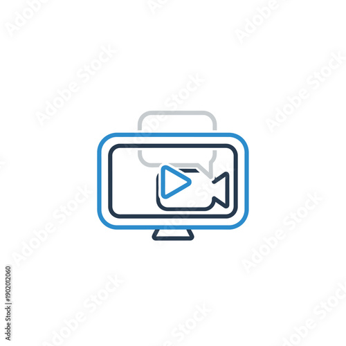Online video communication icon for virtual meetings, streaming, and e-learning, featuring a monitor with play button and chat bubble