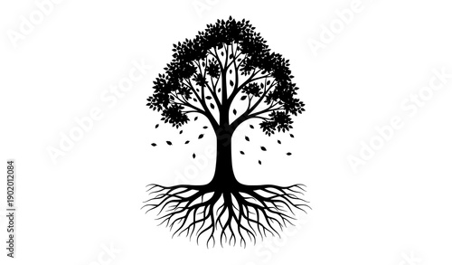 Realistic tree silhouette with exposed roots foliage canopy and fallen leaves isolated vector illustration