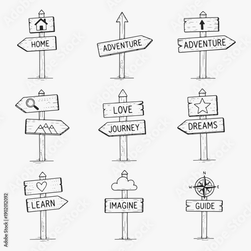 A collection Hand-drawn of wooden signs with arrows pointing in different directions.