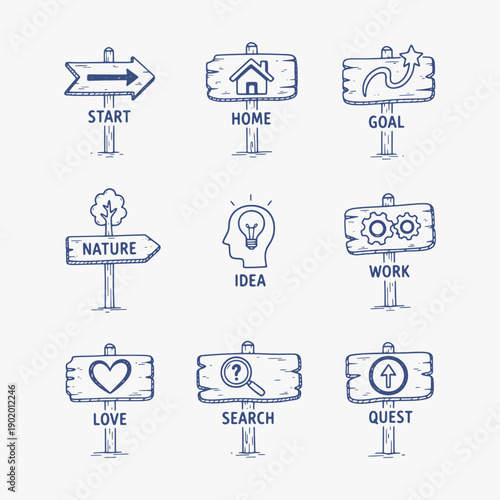 A collection Hand-drawn of wooden signs with arrows pointing in different directions.