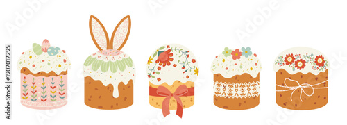 Hand-drawn Easter cake set with festive decorations, floral ornaments and cute details. Folk style vector illustrations for spring holiday design, greeting cards, packaging, posters, invitations