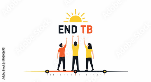 Illustration of three people holding up the words 'END TB' under a sun symbol on a white background with a line graph.
