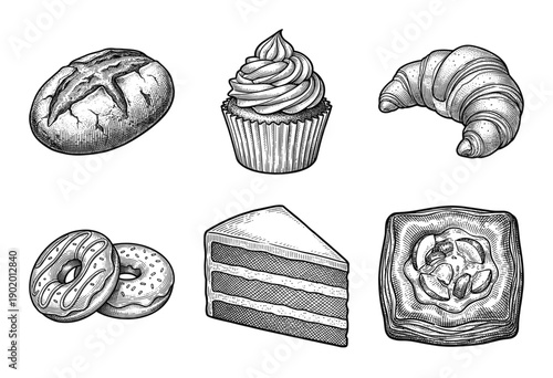 A collection of assorted bakery items and sweet pastries featuring bread, cupcakes, and croissants in a vintage hand-drawn engraving style.