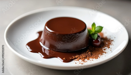 Delicious dark chocolate panna cotta dessert on a white plate.