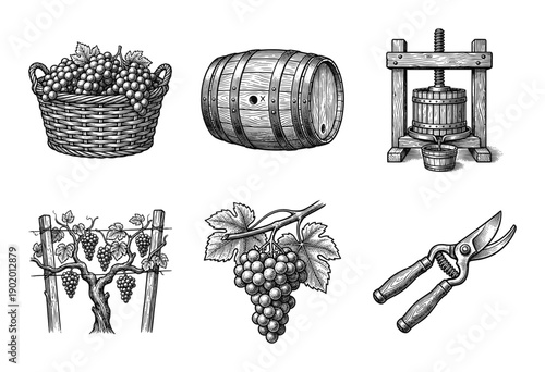 Vintage woodcut illustration set of viticulture and winemaking icons including grapes, wine barrel, fruit press, and pruning shears.