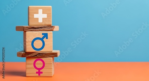 Stacked wooden blocks displaying gender symbols and a medical cross on an orange surface against a blue background