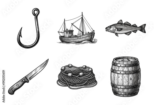 Vintage nautical set featuring hand drawn engraving style illustrations of a fishing boat, fish, hook, knife, net, and wooden barrel.