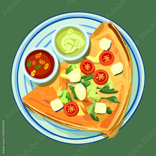 Delicious savory crepes served with a variety of colorful dipping sauces and fresh salad garnish for brunch - Vector Illustration