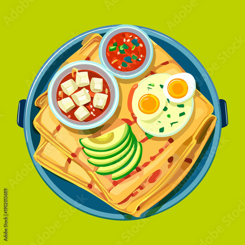 Hearty breakfast platter with crepes eggs and fresh vegetables served with multiple dipping sauce bowls for brunch - Vector Illustration