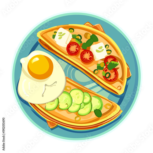 Savory breakfast crepes topped with fried egg and fresh tomatoes served with sliced cucumbers for healthy meal - Vector Illustration