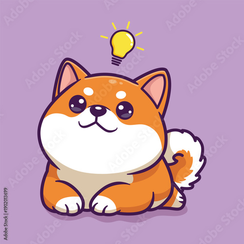 Cute Vector Illustration of a Shiba Inu Dog with Light Bulb on Lavender Background