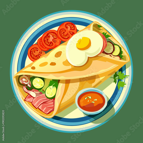 Savory crepe topped with fried egg and served with fresh tomatoes and leafy greens for morning dish - Vector Illustration