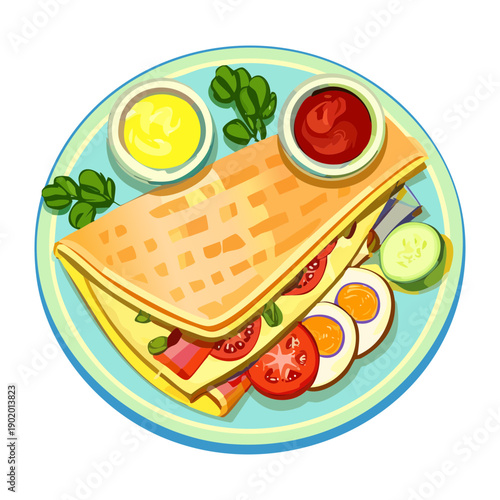 Gourmet breakfast crepes served with fresh salad herbs and dipping sauces for a light and healthy meal - Vector Illustration
