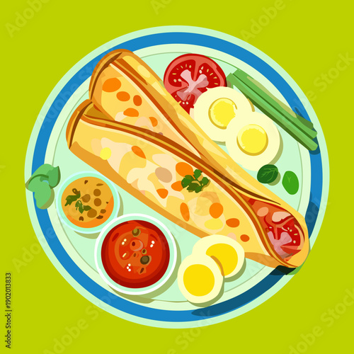 Folded crepes topped with fresh herbs and served with tomato slices and eggs for a balanced meal - Vector Illustration
