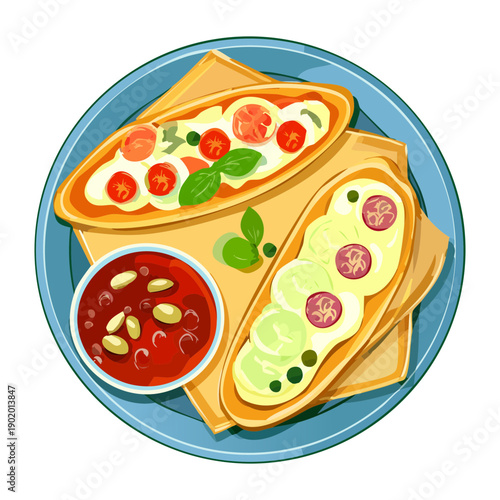 Folded crepes stuffed with savory fillings and served with spicy dipping sauces on a decorative plate set - Vector Illustration