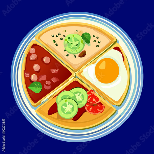 Divided breakfast plate with crepes eggs avocado and beans for a high protein and balanced morning meal - Vector Illustration