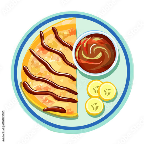 Sweet crepes drizzled with chocolate sauce and served with fresh banana slices on a bright blue plate - Vector Illustration