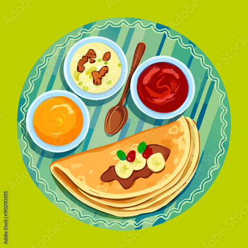 Breakfast crepe platter featuring multiple dipping sauces and fresh herbs for a complete and diverse morning meal - Vector Illustration